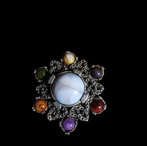 Vintage Celtic brooch. Faux agate Jacobite Celtic knot design. Colourful.